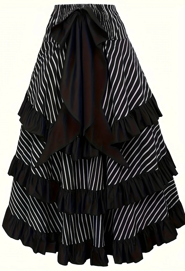 Gothic Black White Striped Irregular Skirt Dark Vintage Style Ruffled Drawstring Skirt Gothic Black White Striped Irregular Skirt Dark Vintage Style Ruffled Drawstring Skirt