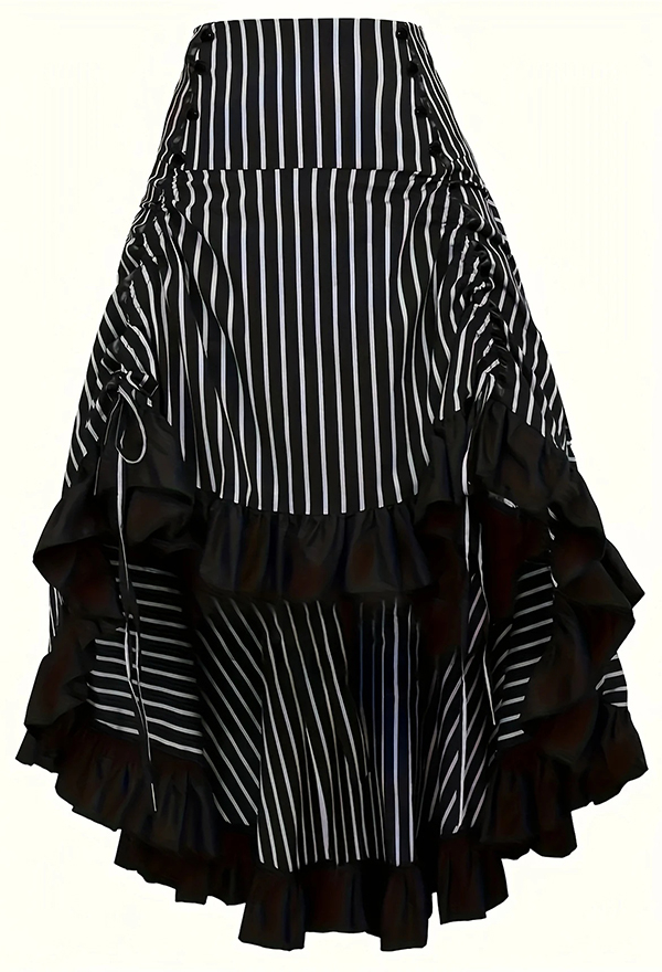 Gothic Black White Striped Irregular Skirt Dark Vintage Style Ruffled Drawstring Skirt Gothic Black White Striped Irregular Skirt Dark Vintage Style Ruffled Drawstring Skirt