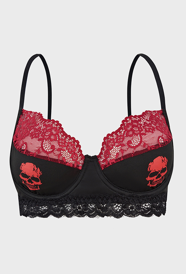 Gothic Black Red Lace Patchwork Bra Dark Style Skull Print Underwire Bra