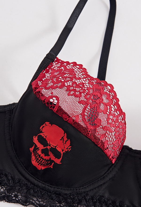 Gothic Black Red Lace Patchwork Bra Dark Style Skull Print Underwire Bra