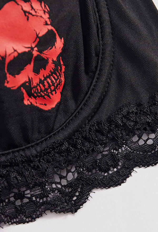 Gothic Black Red Lace Patchwork Bra Dark Style Skull Print Underwire Bra