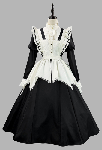 Gothic Black White Lolita Maid Set Puff-Sleeved Dress with Apron and Headpiece