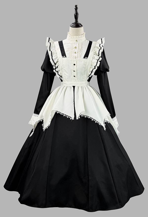 Gothic Black White Lolita Maid Set Puff-Sleeved Dress with Apron and Headpiece