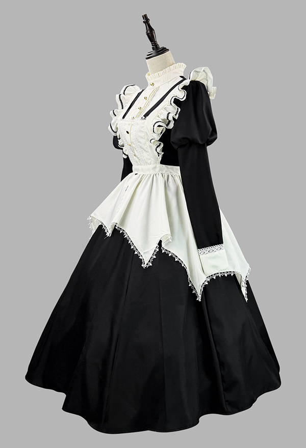 Gothic Black White Lolita Maid Set Puff-Sleeved Dress with Apron and Headpiece