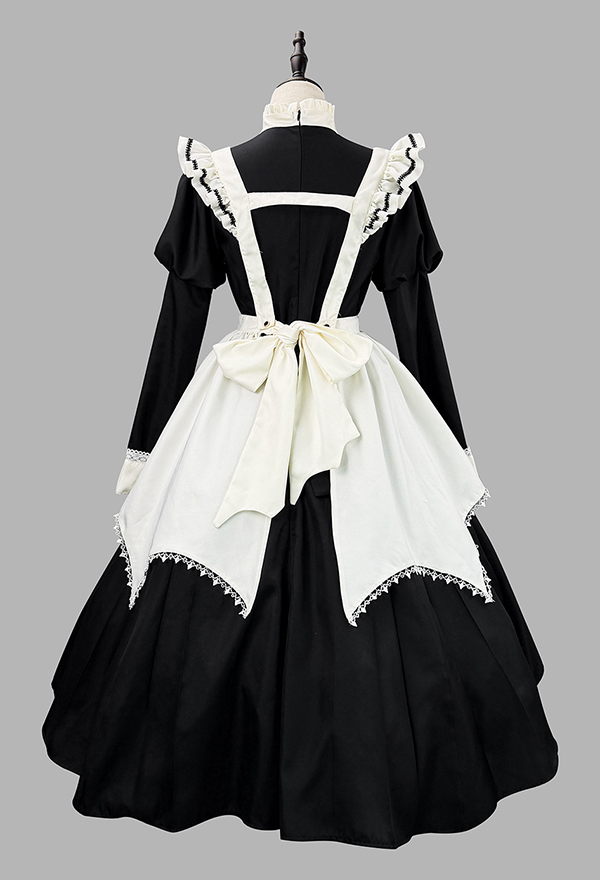 Gothic Black White Lolita Maid Set Puff-Sleeved Dress with Apron and Headpiece