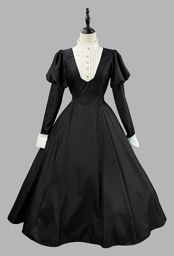 Gothic Black White Lolita Maid Set Puff-Sleeved Dress with Apron and Headpiece