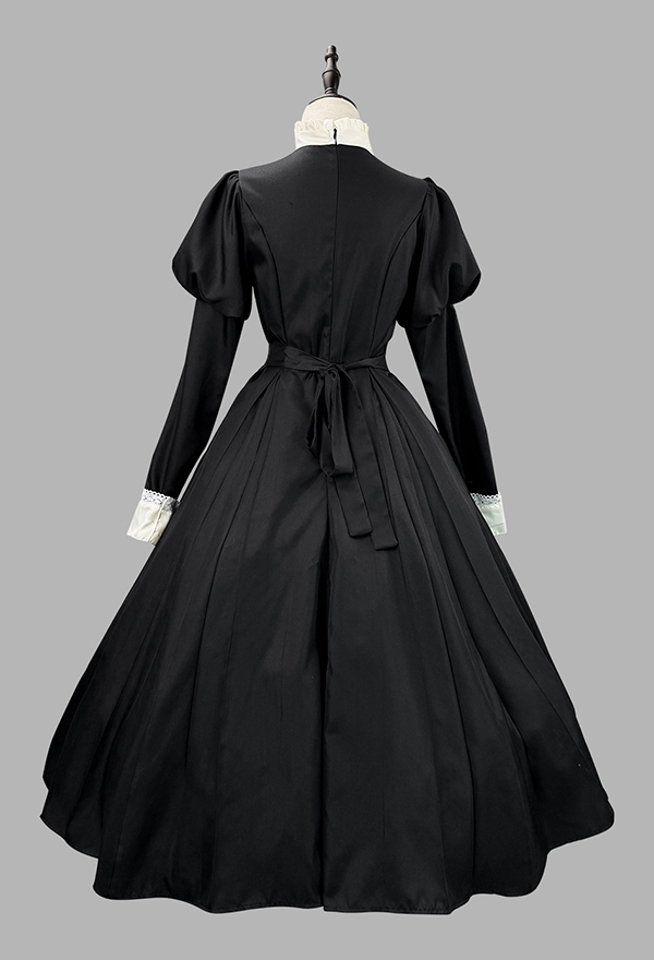 Gothic Black White Lolita Maid Set Puff-Sleeved Dress with Apron and Headpiece