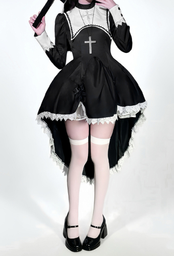 Halloween Gothic Black and White Nun Dress Dark Style Embroidered Cross Dress with Headscarf