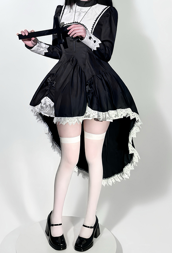 Halloween Gothic Black and White Nun Dress Dark Style Embroidered Cross Dress with Headscarf