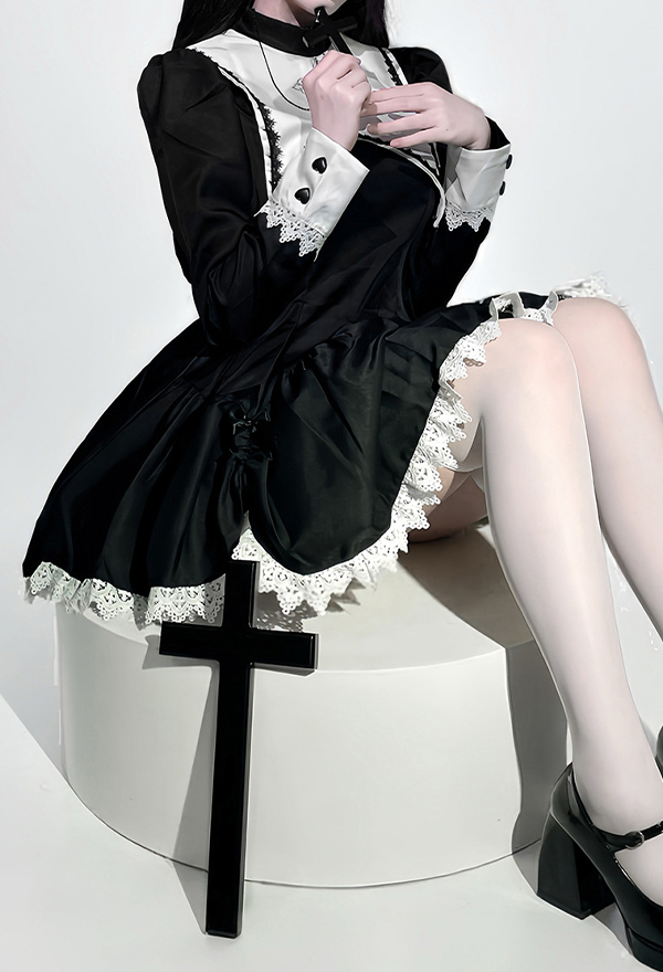 Halloween Gothic Black and White Nun Dress Dark Style Embroidered Cross Dress with Headscarf