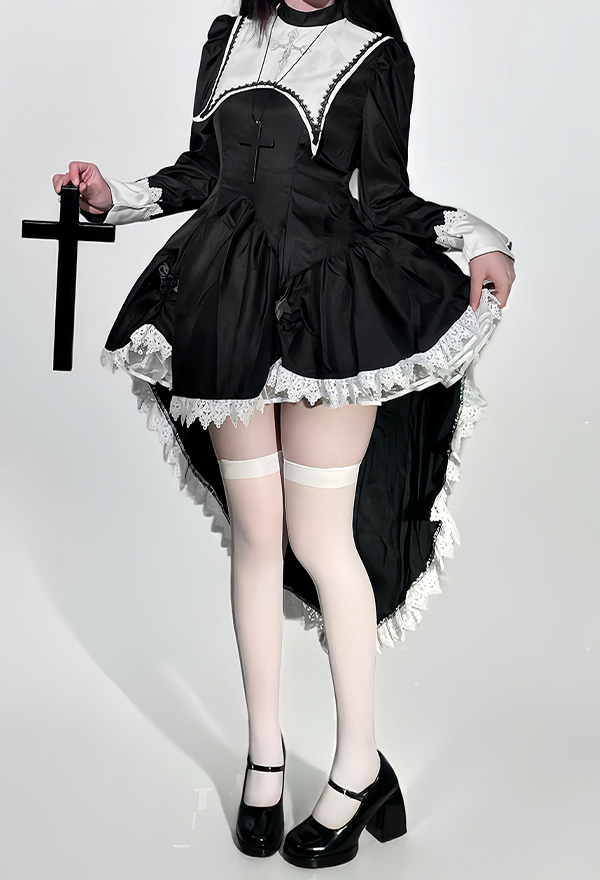 Halloween Gothic Black and White Nun Dress Dark Style Embroidered Cross Dress with Headscarf