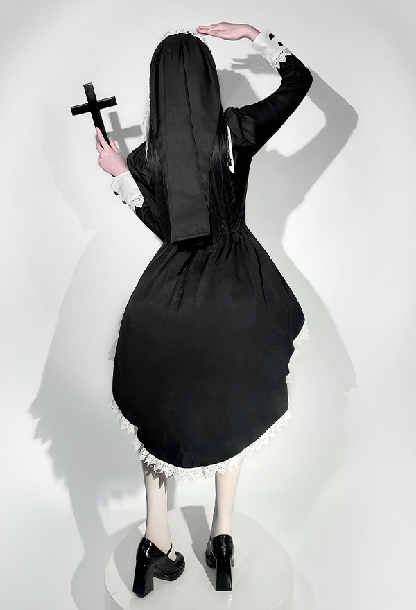 Halloween Gothic Black and White Nun Dress Dark Style Embroidered Cross Dress with Headscarf