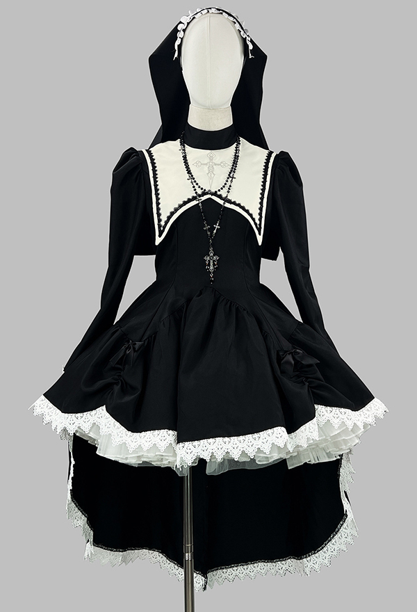 Halloween Gothic Black and White Nun Dress Dark Style Embroidered Cross Dress with Headscarf