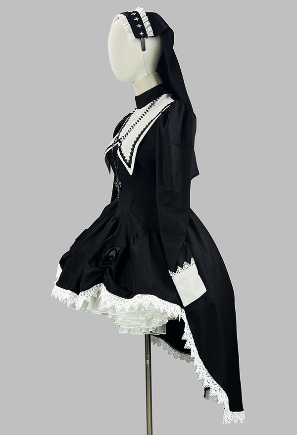Halloween Gothic Black and White Nun Dress Dark Style Embroidered Cross Dress with Headscarf