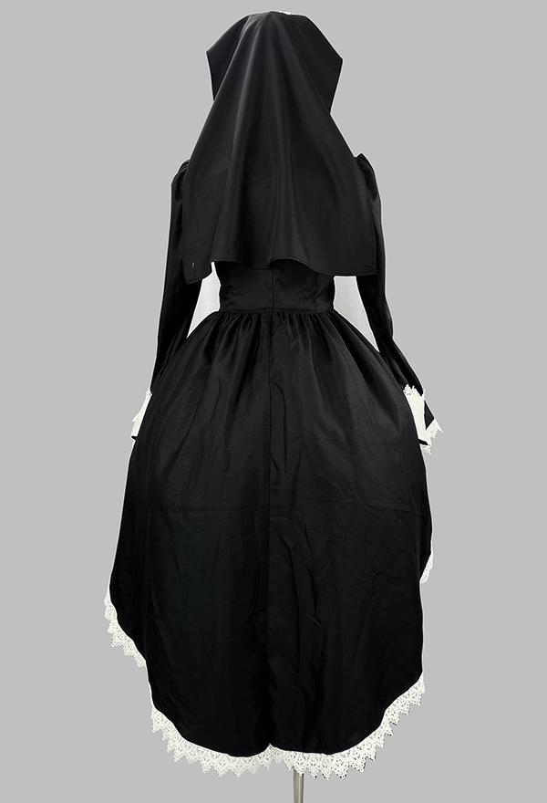 Halloween Gothic Black and White Nun Dress Dark Style Embroidered Cross Dress with Headscarf