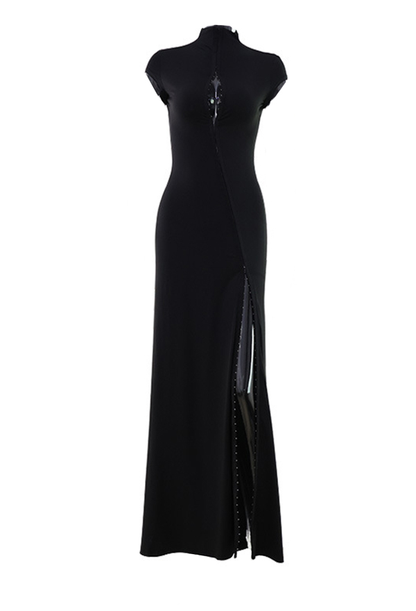 Gothic Black Cutout Chest High-Slit Dress Dark Style Short-Sleeved Fitted Long Dress