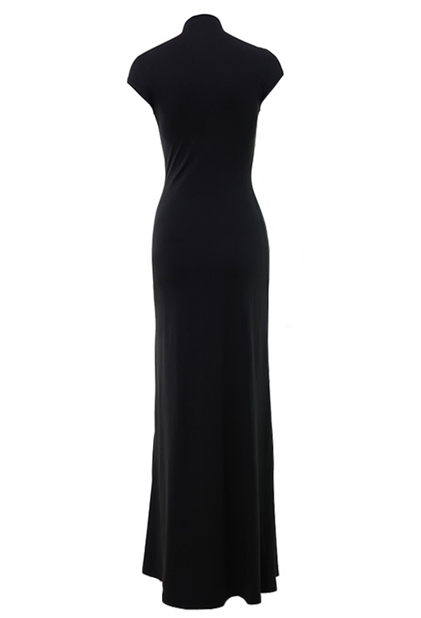 Gothic Black Cutout Chest High-Slit Dress Dark Style Short-Sleeved Fitted Long Dress