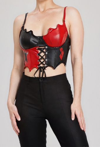 Gothic Black Red Patchwork Lace-Up Corset Top Dark Punk Style Printed Bat-shaped Camisole