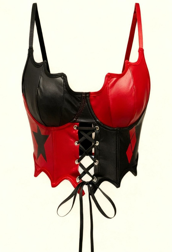Gothic Black Red Patchwork Lace-Up Corset Top Dark Punk Style Printed Bat-shaped Camisole