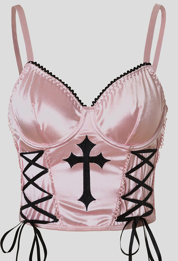 Gothic Pink Camisole Sweet-Edgy Style Strappy Cross Pattern Tank Top