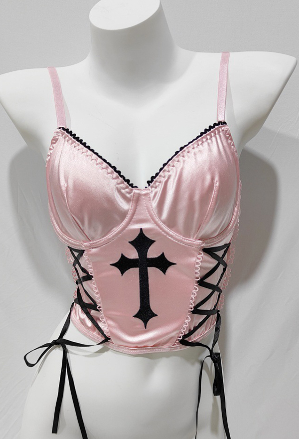 Gothic Pink Camisole Sweet-Edgy Style Strappy Cross Pattern Tank Top