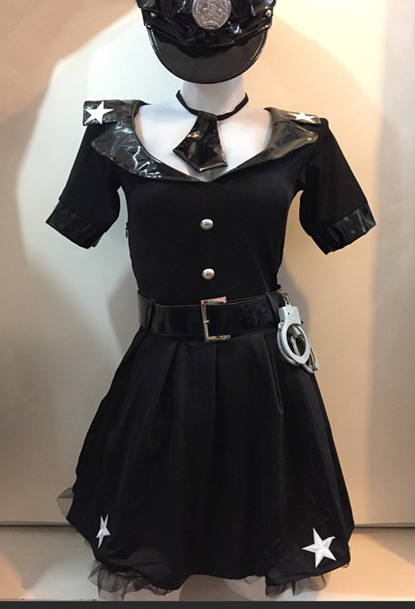 Halloween Black Police Sexy Lingerie Set V-Neck Top and Skirt with Hat and Belt