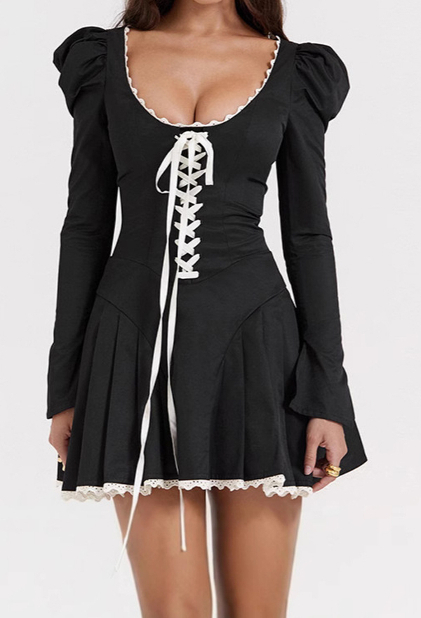 Gothic Black U-Neck Lace-Up Dress Puff Sleeve Lace Trim Short Dress