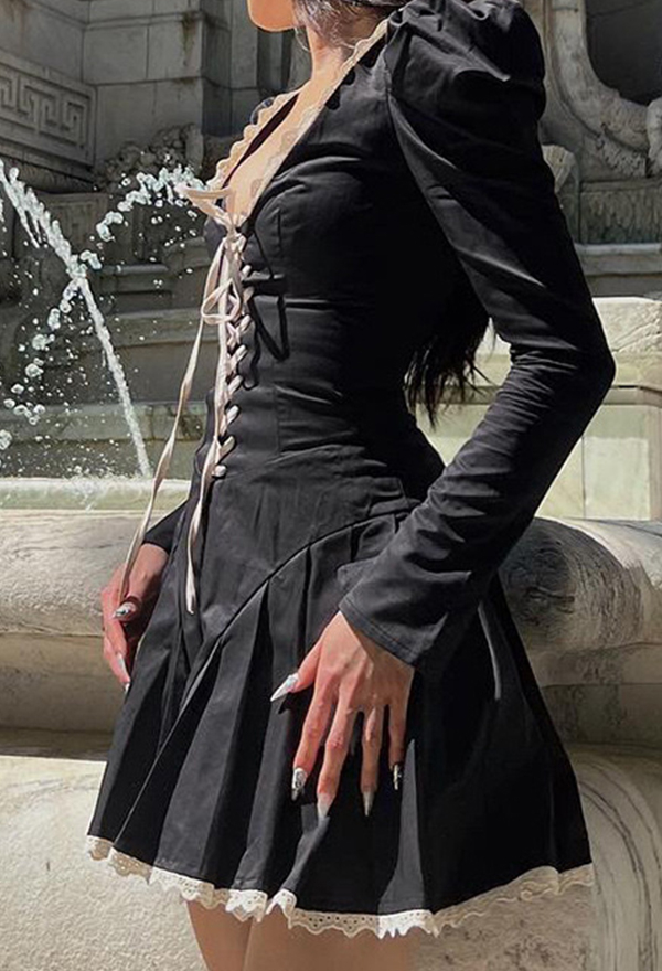 Gothic Black U-Neck Lace-Up Dress Puff Sleeve Lace Trim Short Dress