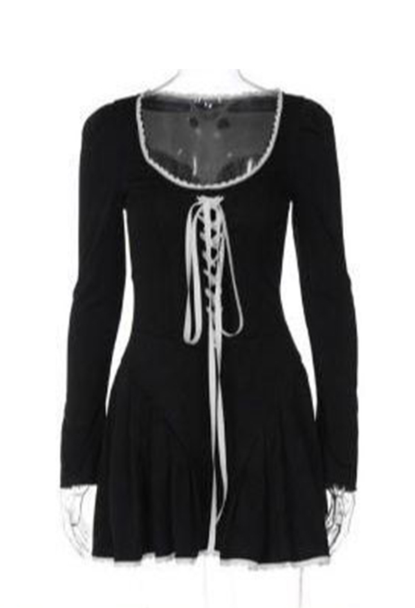 Gothic Black U-Neck Lace-Up Dress Puff Sleeve Lace Trim Short Dress