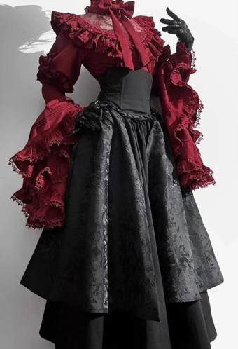Gothic Dark Court Style Red Black Lolita Set Ruffled Lace Blouse with High-Waisted Irregular Layered Long Skirt