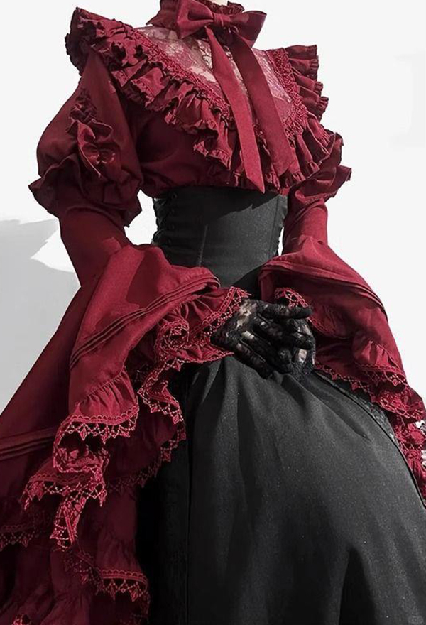 Gothic Dark Court Style Red Black Lolita Set Ruffled Lace Blouse with High-Waisted Irregular Layered Long Skirt