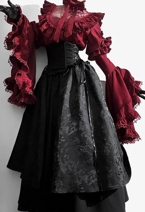 Gothic Dark Court Style Red Black Lolita Set Ruffled Lace Blouse with High-Waisted Irregular Layered Long Skirt