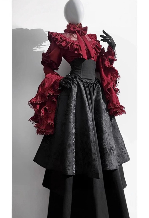 Gothic Dark Court Style Red Black Lolita Set Ruffled Lace Blouse with High-Waisted Irregular Layered Long Skirt