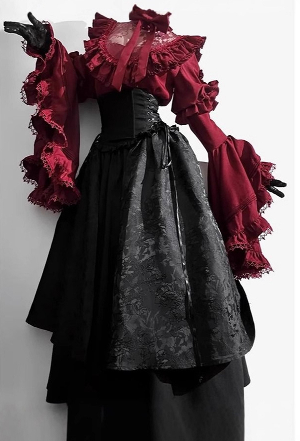 Gothic Dark Court Style Red Black Lolita Set Ruffled Lace Blouse with High-Waisted Irregular Layered Long Skirt