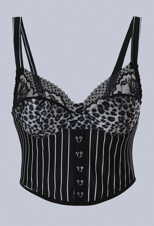 Gothic Leopard Print Striped Patchwork Camisole Sexy Lace Trim Tank Top