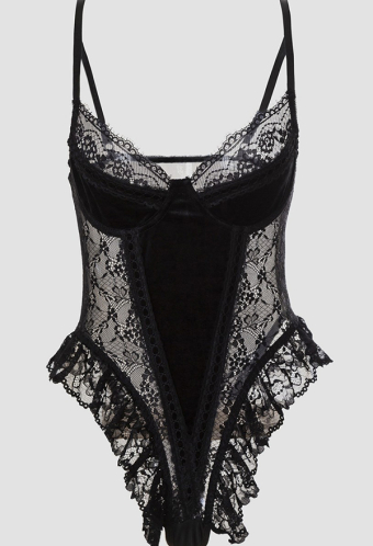 Gothic Black Sexy Cami Bodysuit Velvet Lace Patchwork Bodysuit