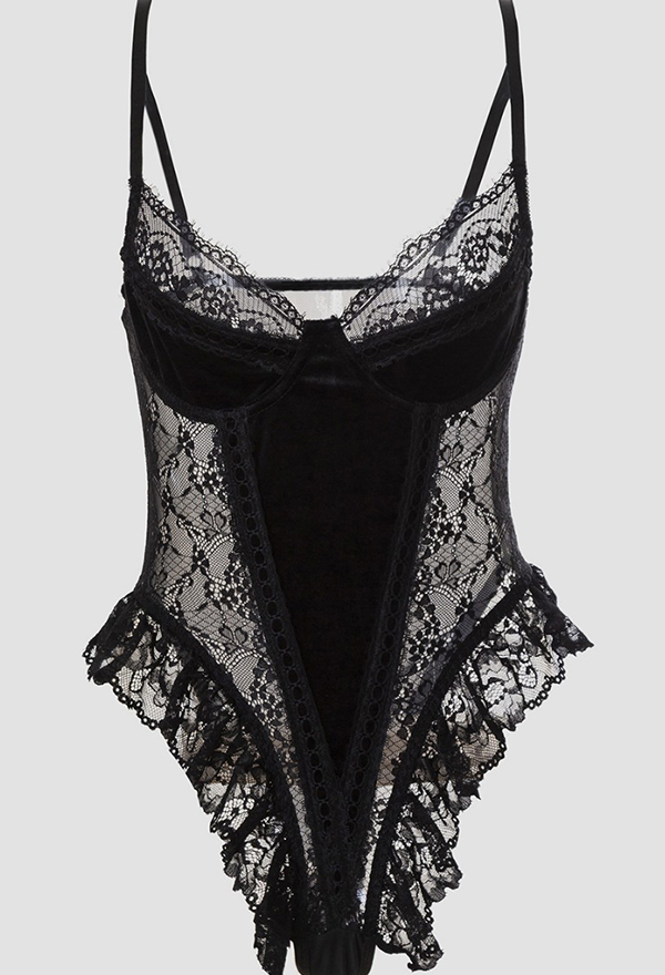 Gothic Black Sexy Cami Bodysuit Velvet Lace Patchwork Bodysuit