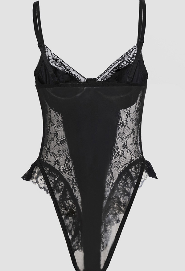 Gothic Black Sexy Cami Bodysuit Velvet Lace Patchwork Bodysuit