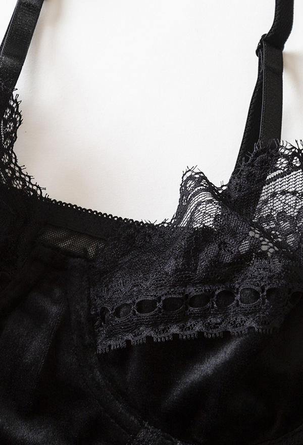 Gothic Black Sexy Cami Bodysuit Velvet Lace Patchwork Bodysuit