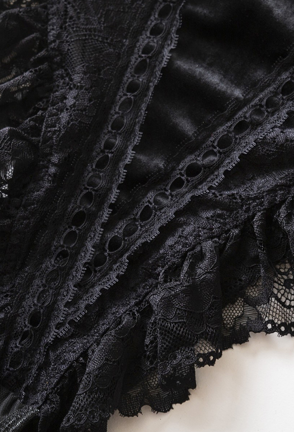 Gothic Black Sexy Cami Bodysuit Velvet Lace Patchwork Bodysuit