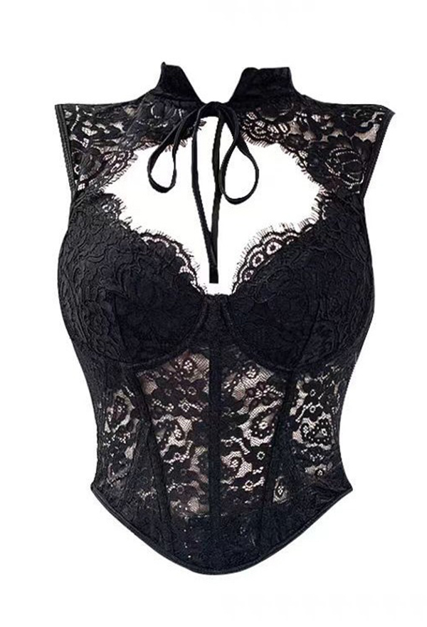 Gothic Black Lace Patchwork Boned Corset Sexy Cutout Lace-Up Tank Top