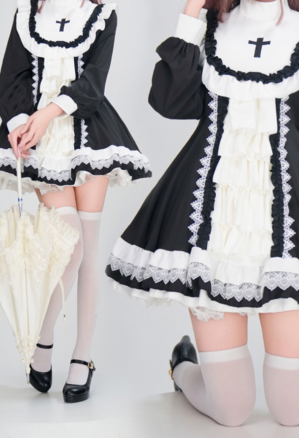 Gothic Black White Nun Lolita Dark Style Cross Pattern Layered Dress