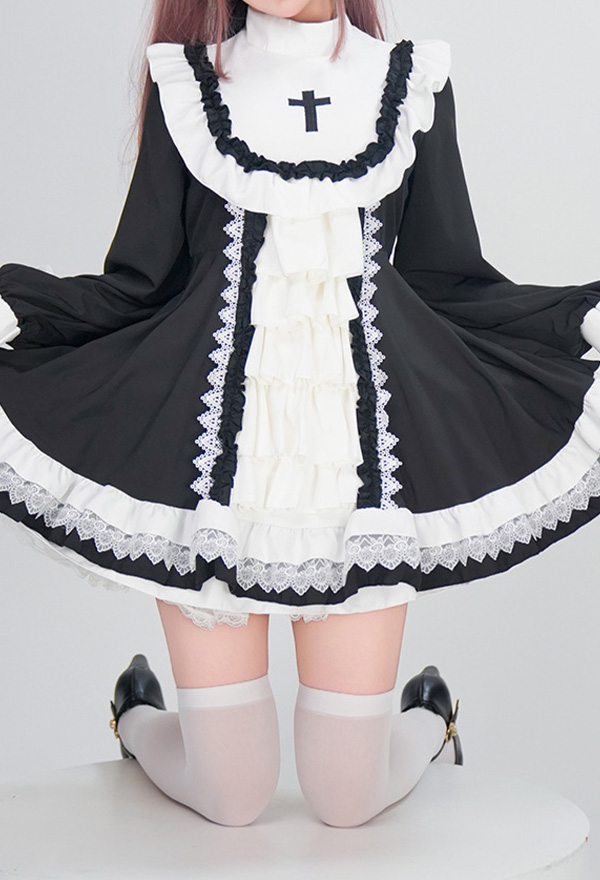 Gothic Black White Nun Lolita Dark Style Cross Pattern Layered Dress