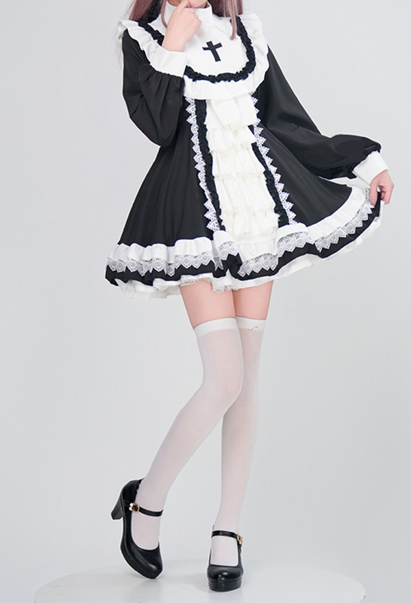 Gothic Black White Nun Lolita Dark Style Cross Pattern Layered Dress