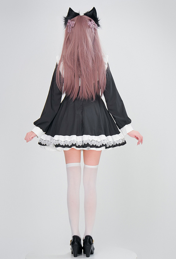 Gothic Black White Nun Lolita Dark Style Cross Pattern Layered Dress