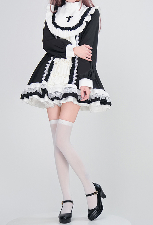 Gothic Black White Nun Lolita Dark Style Cross Pattern Layered Dress