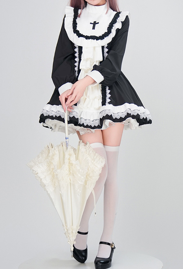 Gothic Black White Nun Lolita Dark Style Cross Pattern Layered Dress