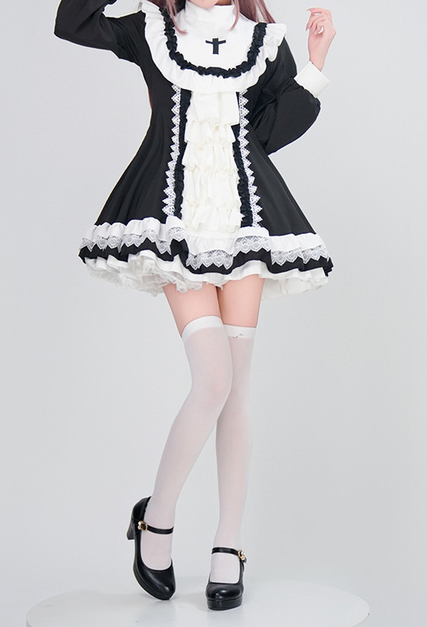Gothic Black White Nun Lolita Dark Style Cross Pattern Layered Dress