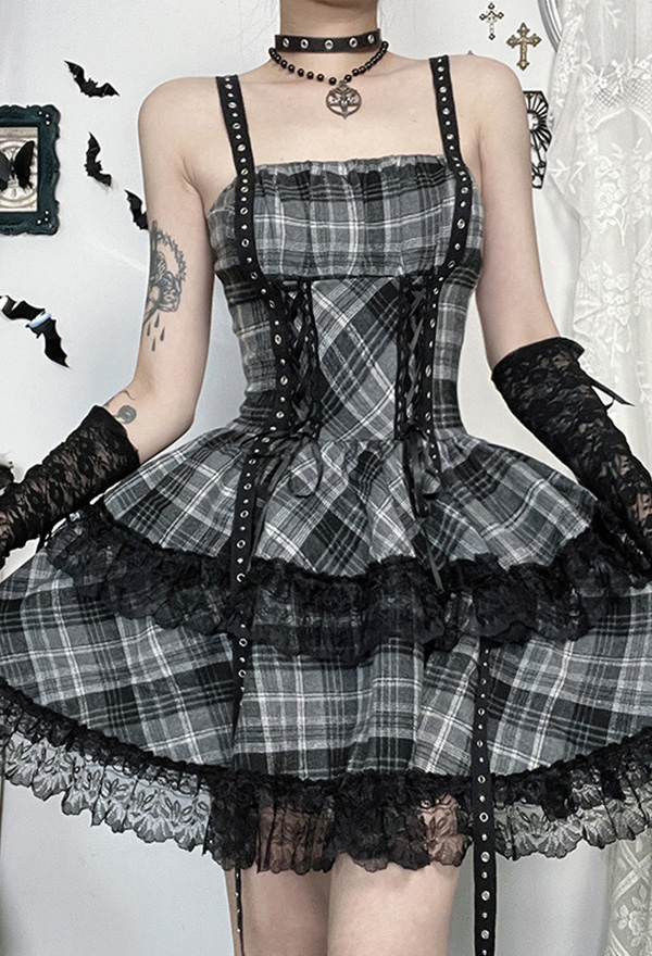 Gothic Black Gray Plaid Strappy Dress Dark Style Lace-up Dress Gothic Black Gray Plaid Strappy Dress Dark Style Lace-up Dress