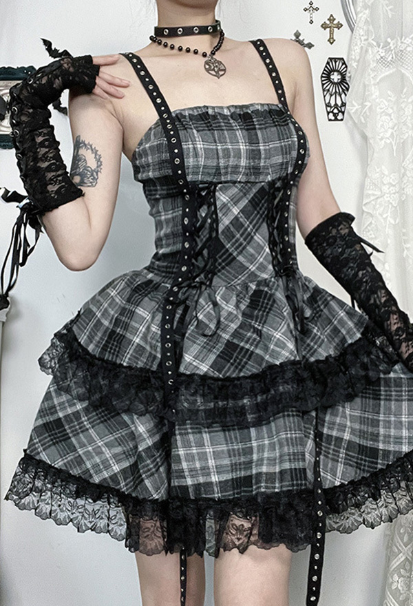 Gothic Black Gray Plaid Strappy Dress Dark Style Lace-up Dress Gothic Black Gray Plaid Strappy Dress Dark Style Lace-up Dress